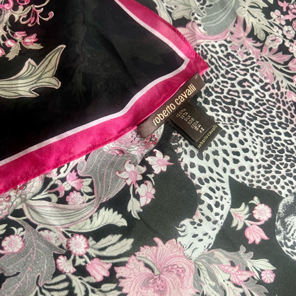 Roberto Cavalli Silk Scarf/Wrap Animal & Flowers Print Gem